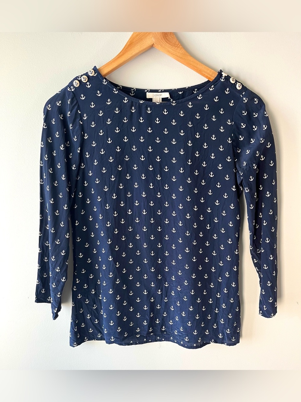 J. Crew 100% Silk Navy & Off-White Anchor Pattern Button-Shoulder Blouse XXS 00